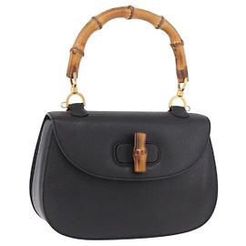 Bolsa de mão GUCCI Bamboo em couro preto e dourado Auth 183361V Preto Dourado