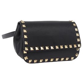 VALENTINO Studs Gürteltasche Leder Schwarz Gold Auth BA13324A Schwarz Golden