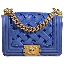 Chanel Boy Mini Bolsa Couro Azul Azul