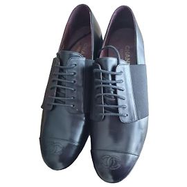 Chanel Uniform Black Leather Flat Shoes Black