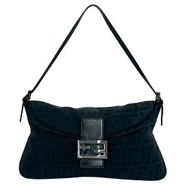 Fendi FF Zucca Pattern Black Canvas Leather Handbag Black