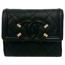 Chanel Black Caviar Skin Tri-fold Wallet Black