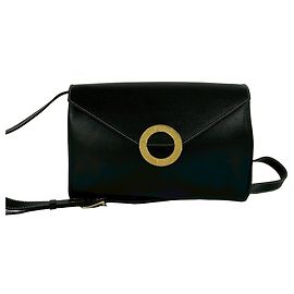 Céline Celine Vintage Circle Logo Hardware Leather Shoulder Bag Black