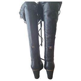 Chanel Black Leather Fur-Lined Wedge Boots Black