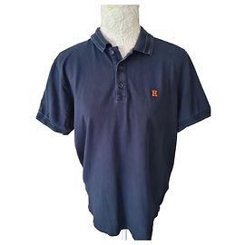 Hermès Polo de algodão azul marinho com logótipo H laranja Azul escuro