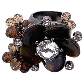 Dior Christian Brown Resin Crystal Beads Silver Tone Ring Size 6 Silvery
