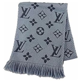 Echarpe de lã e seda Logomania Louis Vuitton Azul