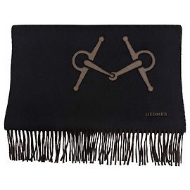 Hermès Hermes Black Cashmere and Leather Stole Black