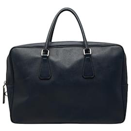 Prada Triangle Logo Plate Briefcase in Navy Saffiano Leather Navy blue