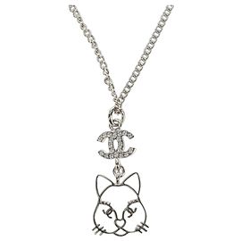 CHANEL COCO Mark Cat Necklace metal Silver CC Auth 184248M Silvery