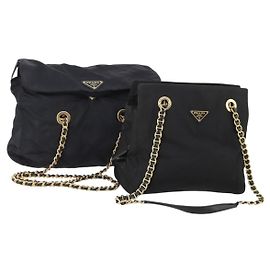 PRADA Chain Tote Bag Nylon 2 Set Navy Black Auth am11754 Black Navy blue