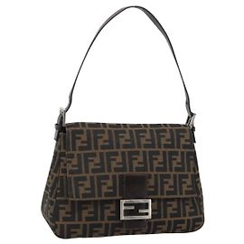 FENDI Zucca Canvas Mamma Baguette Shoulder Bag Black Brown Auth 185374V Marron Noir
