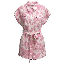 Combinaison en lin Zimmermann à imprimé tropical rose et blanc avec poignets évasés Rose