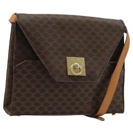 Céline Bolsa de Ombro CELINE Macadam Canvas PVC Couro Marrom Ouro Auth 184541 Marrom Dourado