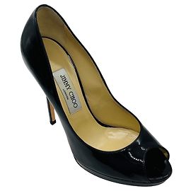 Jimmy Choo Black Patent Leather Open Toe Pumps Black