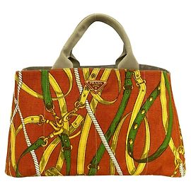 Bolsa Tote de lona Prada Canapa com placa de logotipo triangular Bege Laranja