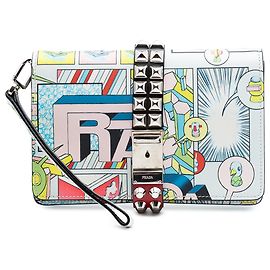 Prada White Comic Print Studded Leather Elektra Clutch White