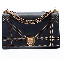 Dior Black Medium Studded Lambskin Diorama Flap Noir