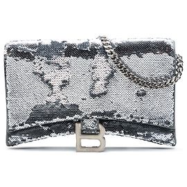 Balenciaga Silver Nappa Sequin Hourglass Wallet on Chain Silvery