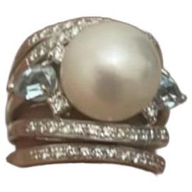 Autre Marque Anello in Oro 18K con Perla, Acquemarine e Diamanti Argento Bianco Blu chiaro