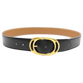 Hermès CINTURÓN HERMES VINTAGE T75 HEBILLA OVAL DE METAL DORADO CUERO NEGRO Negro
