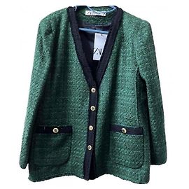 Zara Green Tweed Jacket with Gold Buttons Black Green