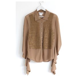 Christian Dior x John Galliano Spring 2002 Bluse mit Lederapplikationen Beige Golden
