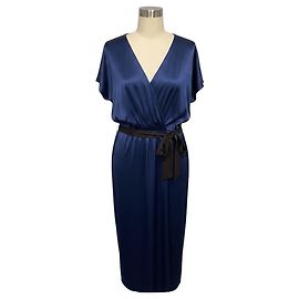 Max Mara Navy Blue Short Sleeved Silk Satin Midi Dress Navy blue