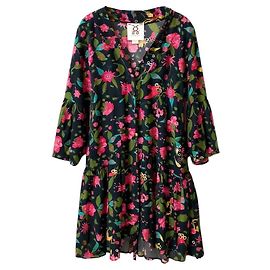 Autre Marque Figue Black / Pink Multi Floral Printed Silk Wrap Dress Black