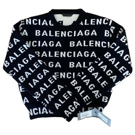 Balenciaga All-Over Logo Wollpullover Schwarz Weiß