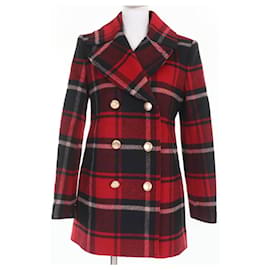 COACH Check Pattern Metal Logo Double Breasted Coat Red