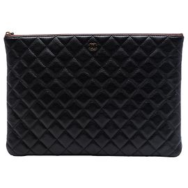 Chanel Black Large Quilted Caviar O Case Clutch Black