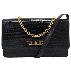 Céline VINTAGE NOVO CELINE BOLSA DE OMBRO EM COURO DE CROCODILO COM FECHO TRIOMPHE Preto