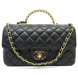NOVA CHANEL TIMELESS HANDLE PM BOLSA DE COURO MATELASSÊ COM ALÇA Preto