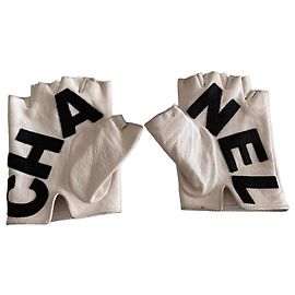 Chanel fingerlose Lammleder-Handschuhe Weiß Schwarz Weiß