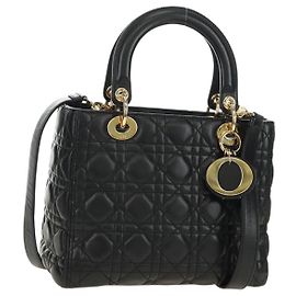 Christian Dior Lady Dior Handtasche Lammfell 2way Schwarz Gold Auth BA13408V Schwarz Golden