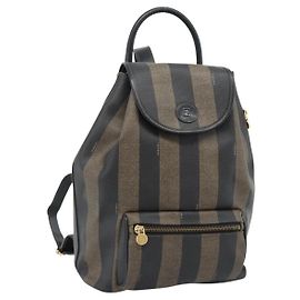 FENDI Pecan Canvas Backpack PVC Black Brown gold Auth ka4662 Brown Black Golden