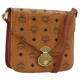Bolsa de Ombro MCM Vicetos Logogram PVC Couro Marrom Ouro Auth 184502 Marrom Dourado