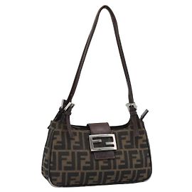 FENDI Zucca Canvas Mamma Baguette Shoulder Bag Black Brown Auth 185076 Marron Noir