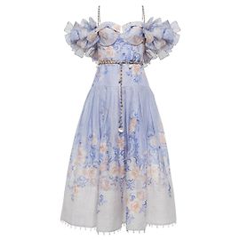 Zimmermann Vestido de seda Postcard Bow Bodice Rosa Blanco Azul claro