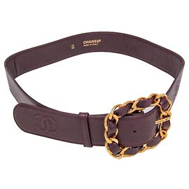 Cinturón de cuero para mujer con hebilla de cadena Coco Mark Chanel Burdeos