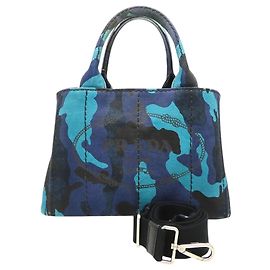 Borsa satchel Prada Blue Small Canvas Canapa Logo Camouflage Blu
