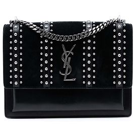 Saint Laurent Bolsa Transversal Monogram Sunset em camurça e couro de bezerro preto com tachas, tamanho Medium Preto