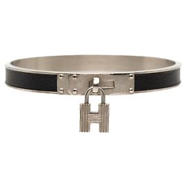 Bracciale Hermès Kelly in pelle nera e metallo argentato Nero Argento