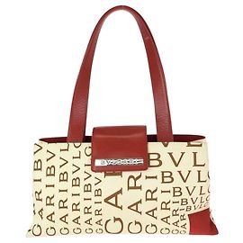 Bulgari Bvlgari Logomania Canvas Leather Tote Bag Red Cream