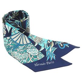 Hermès Lenço de seda Twilly Hermes Verde Azul marinho