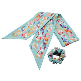Chanel Coco Mark Set mit Scrunchie, Schal und Muffler Blau Mehrfarben