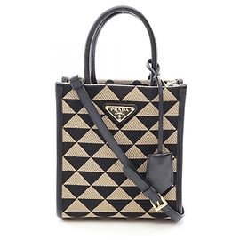 Prada Triangolo Jacquard Mini 2-Way Handbag Black Beige