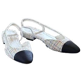 Chanel Tweed Slingback Ballerinas Multicolore Schwarz Weiß Mehrfarben