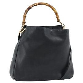 Bolsa de Ombro GUCCI Bamboo em Couro 2way Preto Ouro 001 1577 3444 Auth BA13349 Preto Dourado